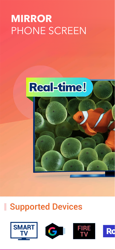 Miracast app interface showing real-time screen mirroring functionality and a list of supported smart TV devices
