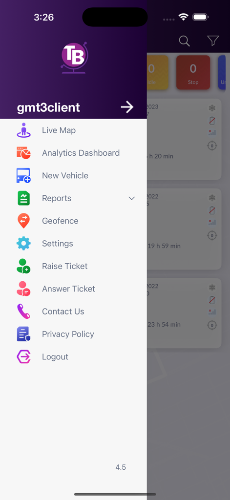 TB Global - Vehicle Tracking - Seiten-Navigationsmenü der TB Global Fahrzeugverfolgungs-App mit Funktionen wie Live-Kartenanalysen und Geofence