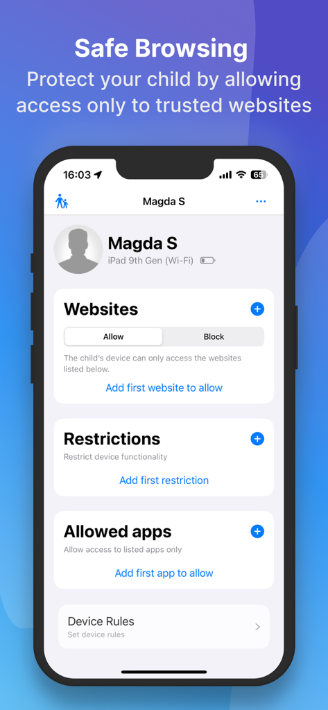 Jamf Parent - Jamf Parent app screen showing parental control options for websites and allowed apps