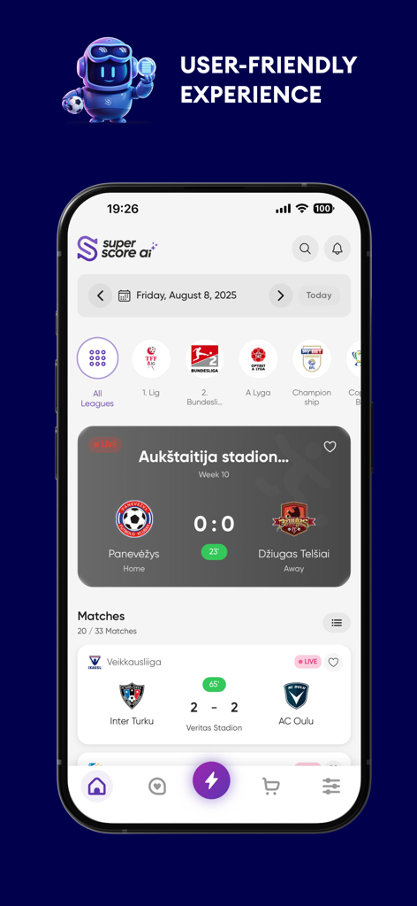 Super Score AI - Tips - Super Score AI mobile app interface featuring live soccer match updates and league categories