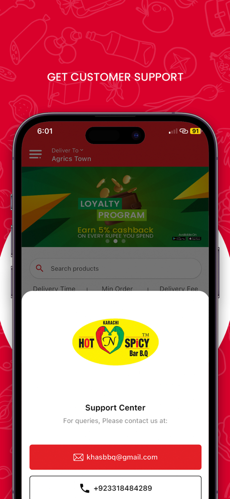 Karachi Hot n Spicy - Karachi Hot n Spicy app support center showing email and phone contact options