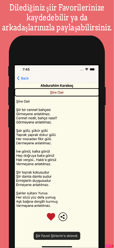 Usta Şairlerden Şiirler - Screenshot of the Turkish poetry app showing a poem by Abdurahim Karakoç with options to add to favorites or share.