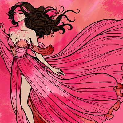 realistic woman in dress flowing the the wind