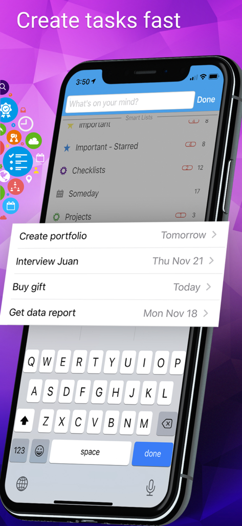 Pantalla del iPhone que muestra la interfaz de la aplicación Todo para crear tareas rápidamente con listas inteligentes y un teclado abierto.