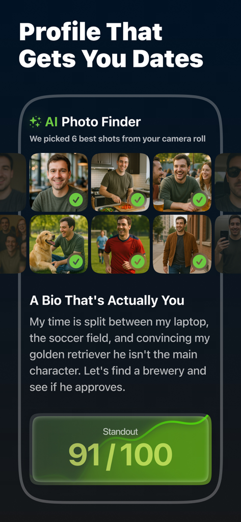 Eden AI: Your Dating Coach - Eden AI app screen showing the AI photo finder and bio generator tools for creating a standout dating profile