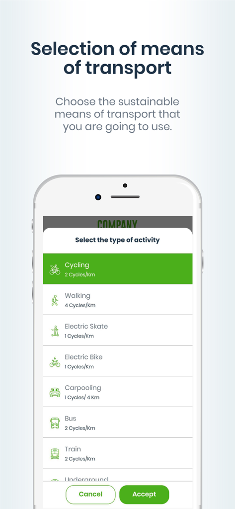 Screen for selecting sustainable transport options like cycling and walking to earn cycles in the Ciclogreen app.