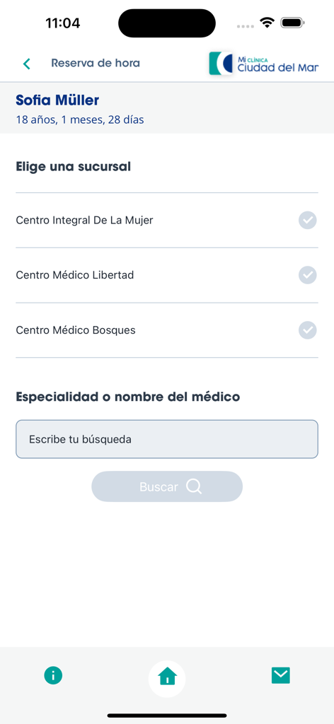 Clínica Ciudad del Mar - Pantalla de la aplicación móvil para reservar citas médicas en Clinica Ciudad del Mar que muestra la selección de sucursal y la búsqueda de médicos