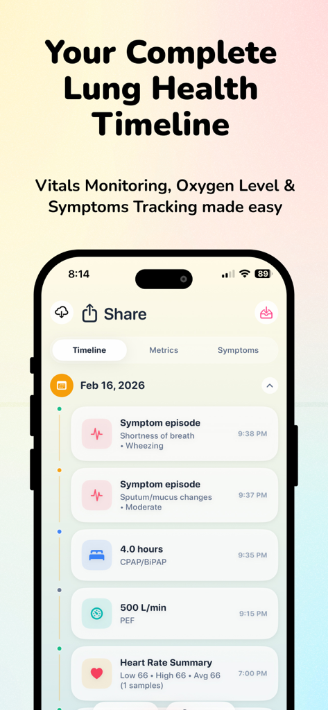 Blood Oxygen Monitor - OxyByte - OxyByte mobile app displaying a complete lung health timeline with symptom logs and vital signs tracking