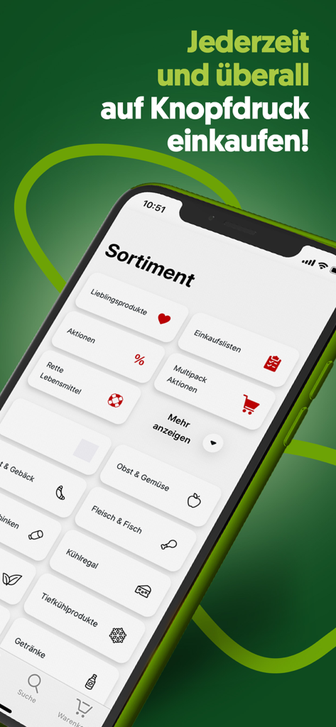Gurkerl.at - Gurkerl app screen showing grocery categories like fruit vegetables and meat