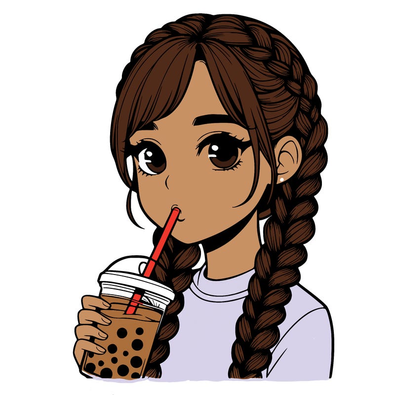 realistic girl with braided hair drinking boba