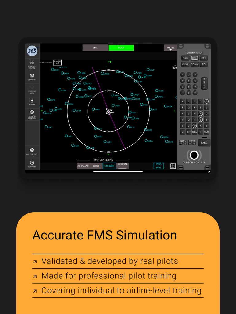 B787 FMS Trainer PRO - B787 FMS Trainer PROインターフェース。iPad上のリアルなナビゲーションディスプレイとフライトマネジメントシステムを表示。