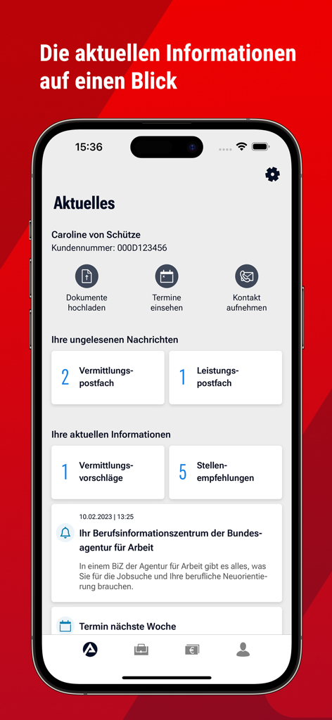 Dashboard der BA-mobil App mit aktuellen Jobempfehlungen und ungelesenen Nachrichten für einen Benutzer.