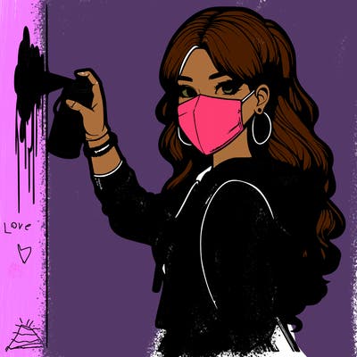 realistic girl with mask spray painting a wall