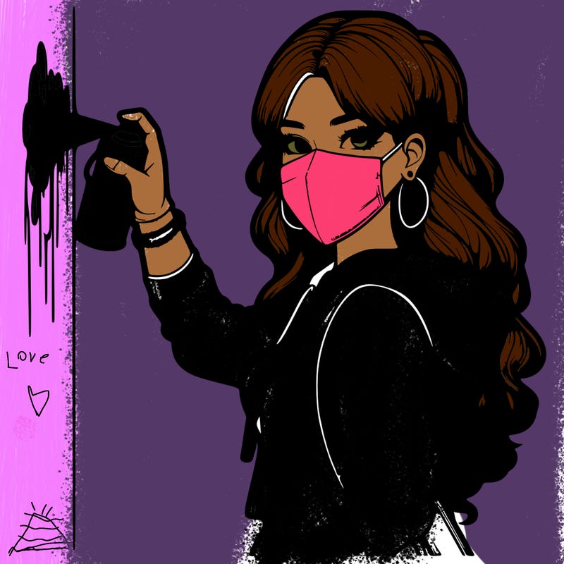 realistic girl with mask spray painting a wall