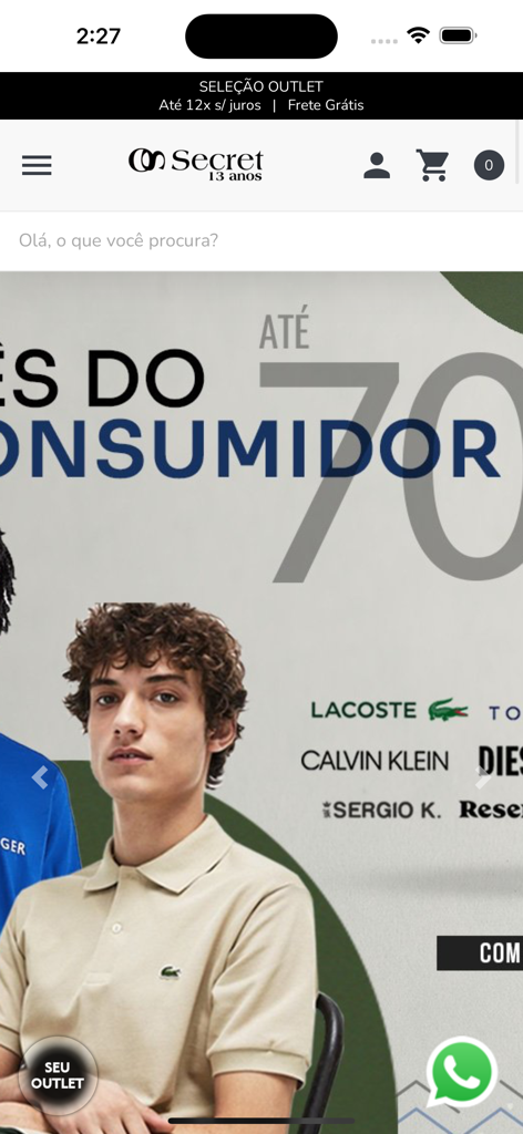 Interface do aplicativo Secret Outlet mostrando um banner promocional de moda masculina com marcas de grife e ofertas de desconto