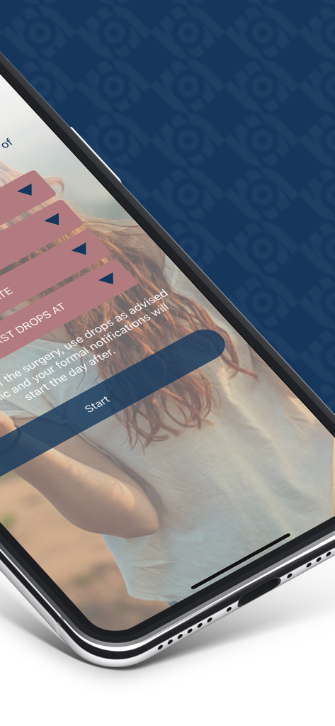 Setup screen of the dropAdrop eye drop reminder app showing scheduling options and a start button