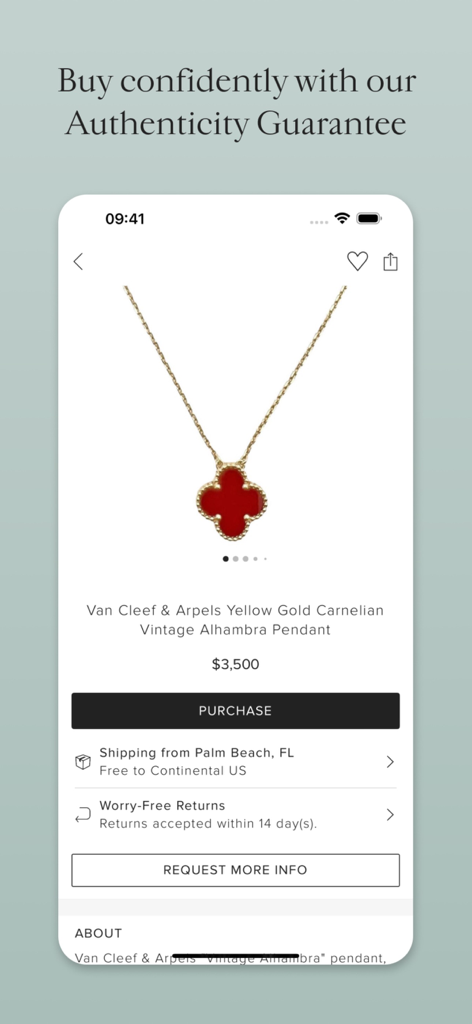 1stDibs: Shop Antique & Modern - ヴァンクリーフ＆アーペルのペンダントをフィーチャーした1stDibsアプリのインターフェース。真正性保証に関する見出しが付いています。