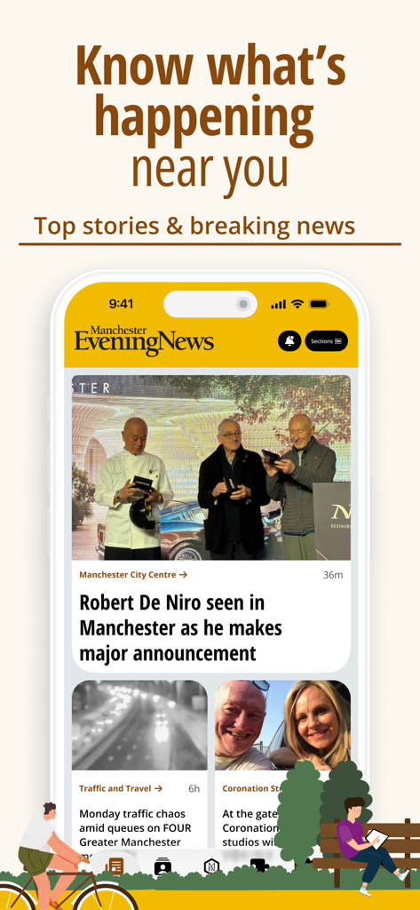 Una captura de pantalla de la interfaz de la aplicación Manchester Evening News que muestra las principales historias y titulares de noticias de última hora locales en un teléfono móvil.