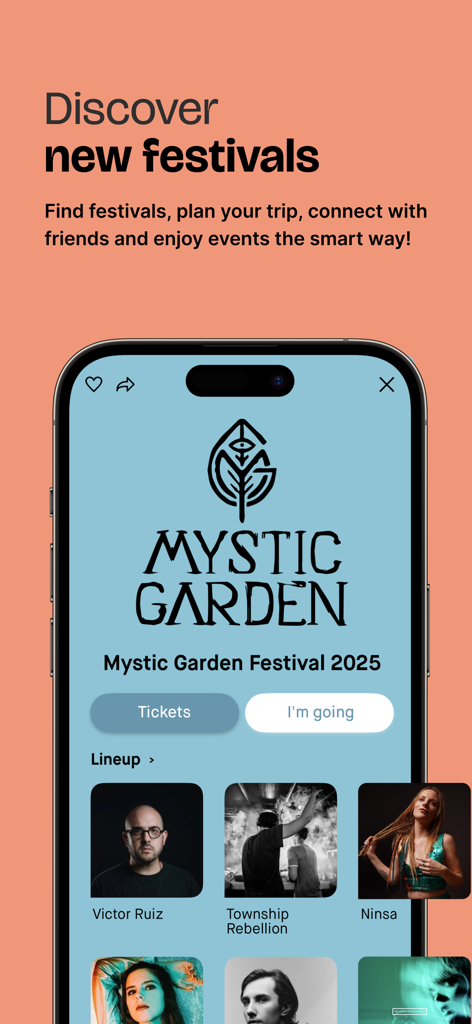 Appic - Festivals & More - Smartphone screen displaying the Mystic Garden Festival event page on the Appic app