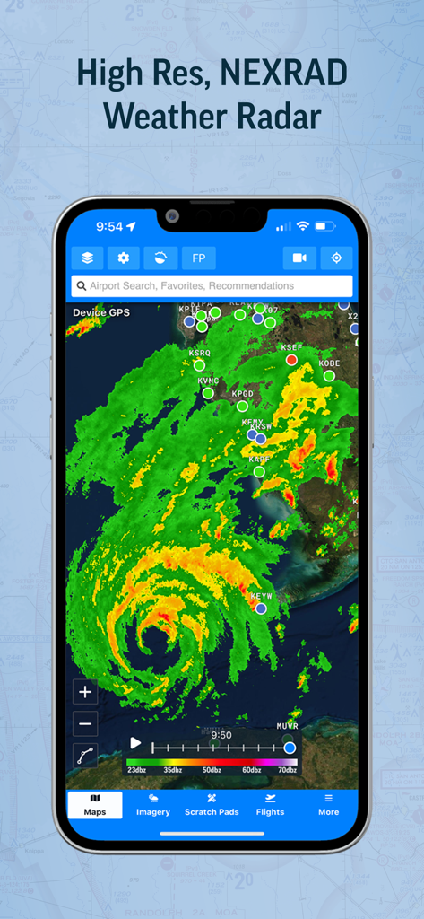 Aviator Assistant: Weather EFB - Aviator Assistant app displaying high resolution NEXRAD weather radar with color coded storm intensity