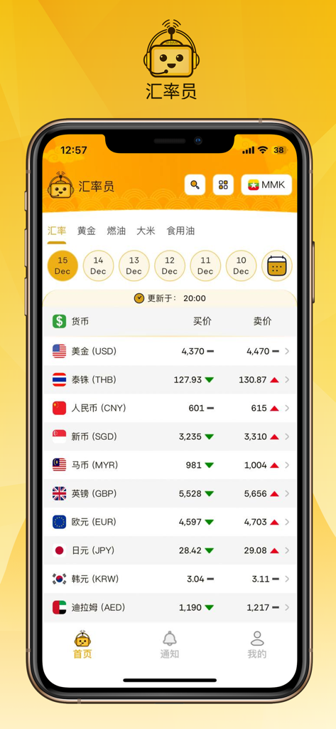 Mobile app interface showing daily Myanmar domestic exchange rates for various international currencies in Chinese