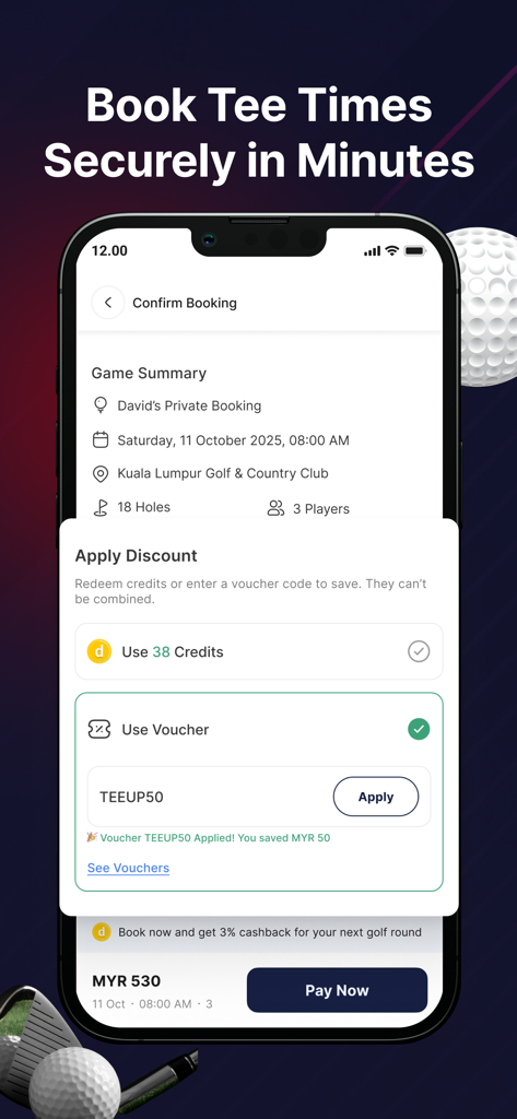Confirmation d'une réservation de départ de golf sur l'application Deemples avec un bon de réduction appliqué