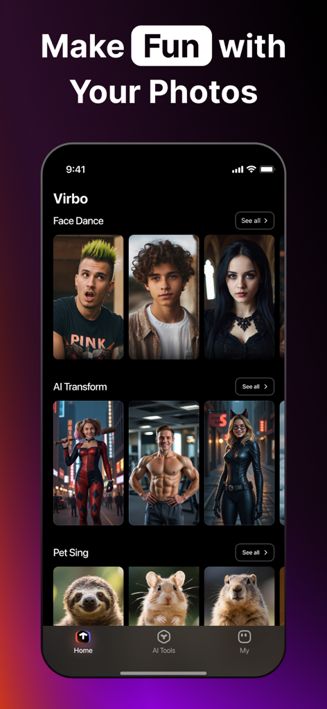 AI Video Generator - Virbo - L'interface de l'application Virbo montrant les fonctions Face Dance, AI Transform et Pet Sing pour l'édition photo créative.