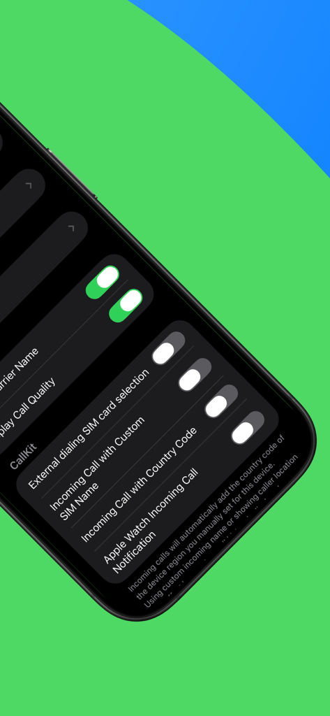 SIMPlus - A mobile interface showing the call settings menu of the SIMPlus app with various toggle switches for call management.