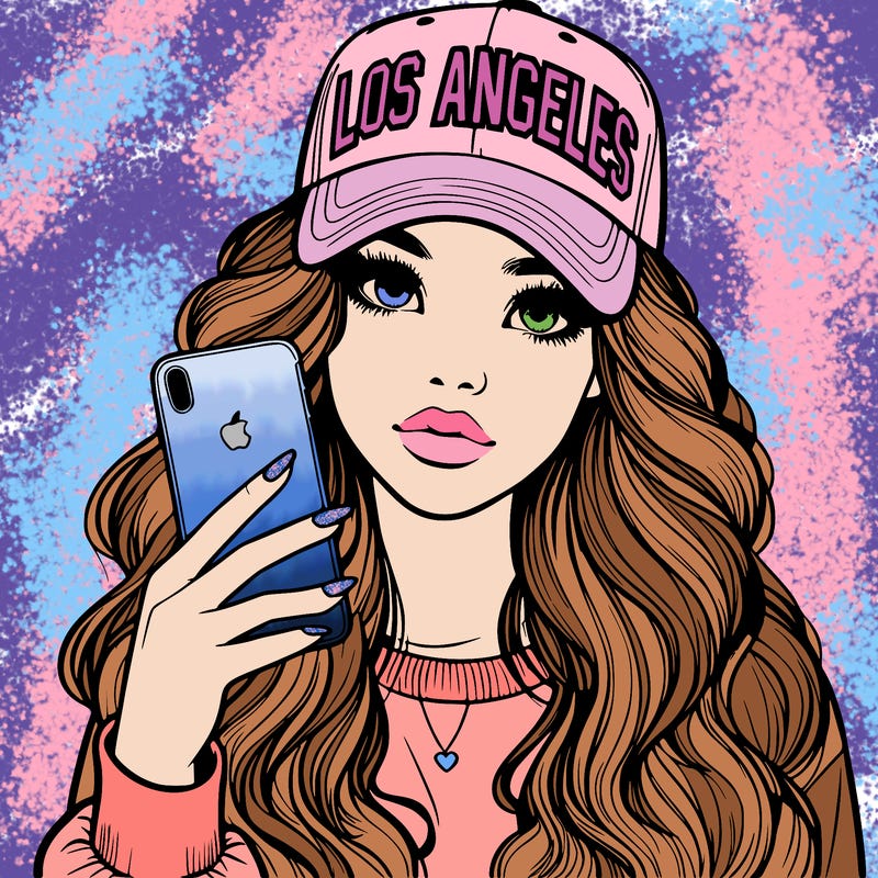 realistic beautiful girl wearing los ángeles cap holding an iphone