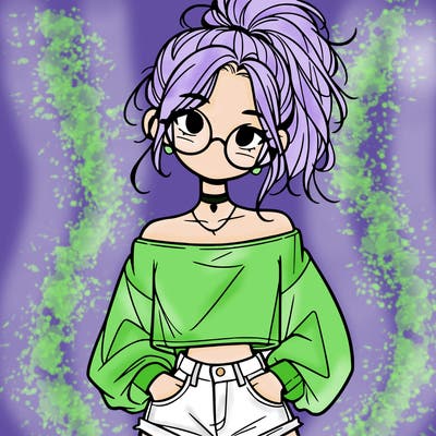 girl with a messy ponytail glasses a baggy crop top and jean shorts