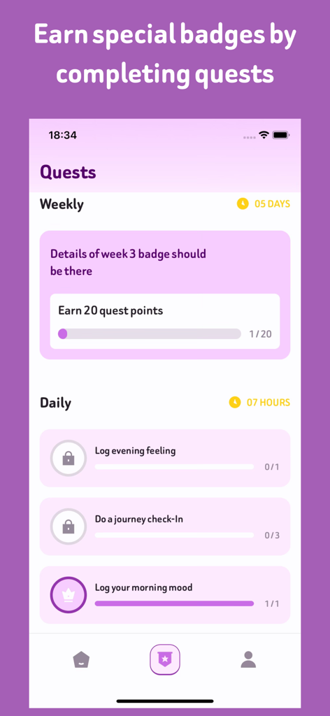 Smile companion - The quest interface of the Smile companion app showing daily and weekly research tasks and progress tracking.