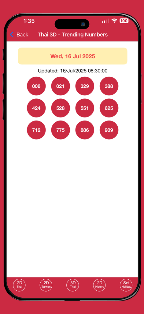Duck 2D 3D - Interfaz de la aplicación Duck 2D 3D mostrando los números de tendencia de la lotería 3D tailandesa