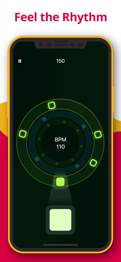 Metronome - Tap Tempo & Rhythm - Interface de jogo de treinamento de ritmo dentro do aplicativo Metrônomo com um visual de tempo circular em 110 BPM.