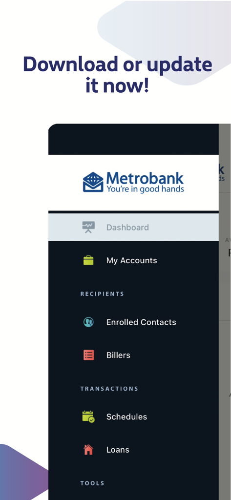 Metrobank mobile app side menu showing account navigation and transactions options.