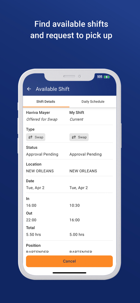 Interfaccia mobile di Crunchtime Teamworx che mostra i turni disponibili e le richieste di scambio.