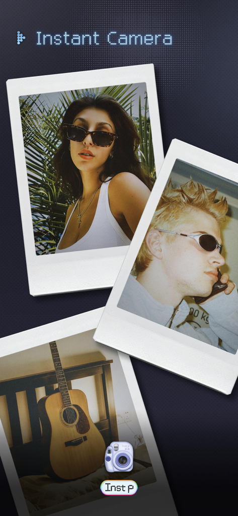 OldReel - Vintage Camcorder - Una colección de fotos estilo Polaroid retro que muestran moda Gen Z y una guitarra usando el filtro de cámara instantánea de la aplicación OldReel