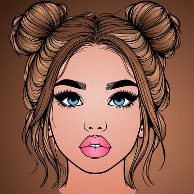 realistic girl with two buns on her hair and lips