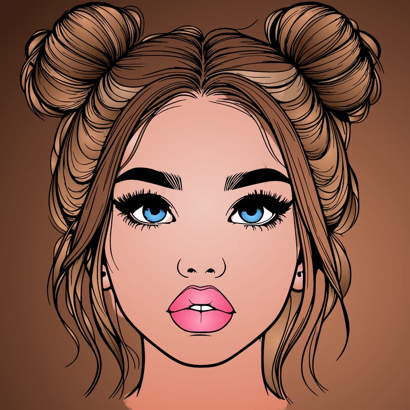 realistic girl with two buns on her hair and lips