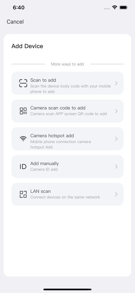 YESKAMO - YESKAMO-App-Oberfläche, die verschiedene Möglichkeiten zum Hinzufügen einer neuen Sicherheitskamera zeigt, einschließlich QR-Code-Scannen und manueller ID-Eingabe