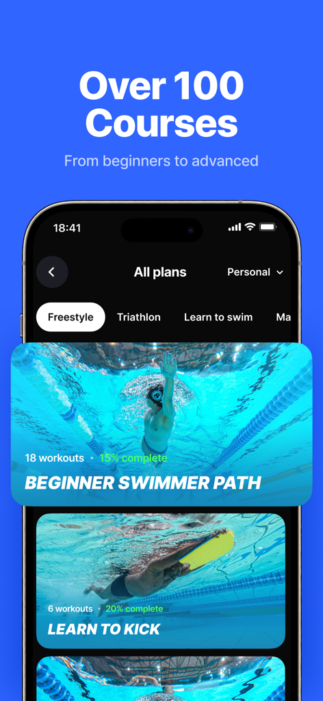SwimUp: Swimming Workouts App - SwimUp app interface displaying over 100 swimming courses and workout plans for all skill levels.