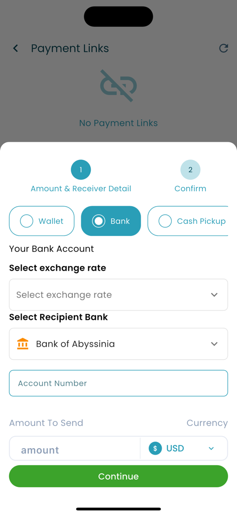 Arif Remit - Arif Remit app screen for setting up a bank transfer to Ethiopia