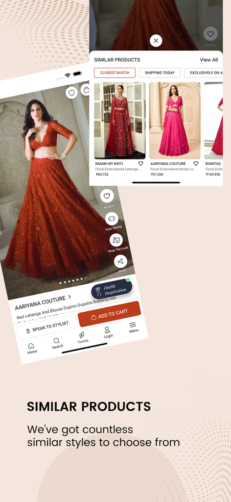 Aza Fashions Designer Clothing - Aza Fashions app interface showing similar designer lehenga styles for luxury ethnic shopping