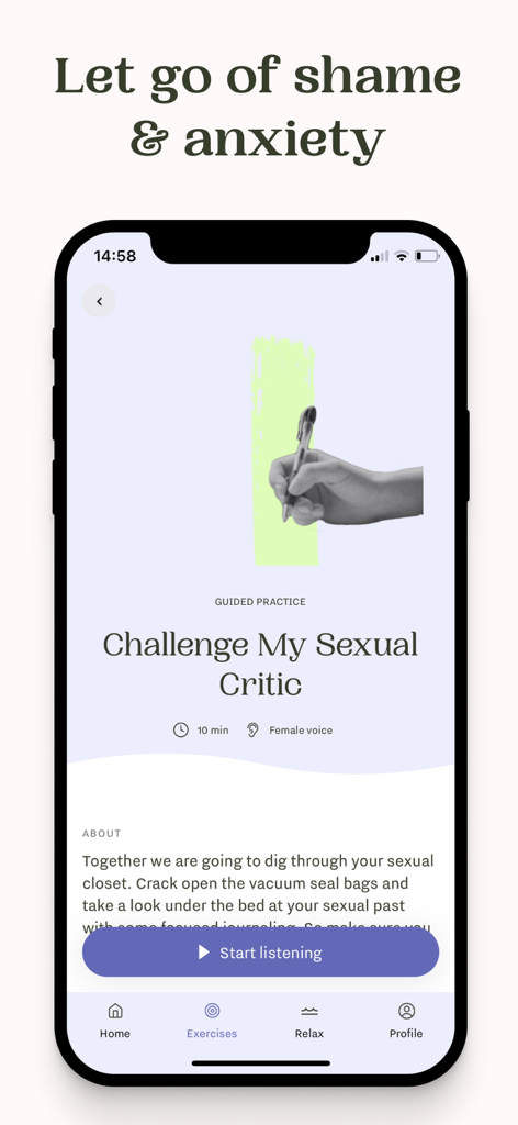 Ferly: Intimacy & Relationship - Smartphone screen showing the Ferly app with a guided practice to challenge sexual self-criticism