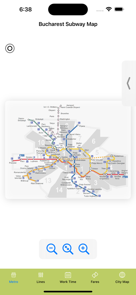 Bucharest Subway Map - Interface of the Bucharest Subway Map app showing the metro network with accessibility icons and navigation menu.