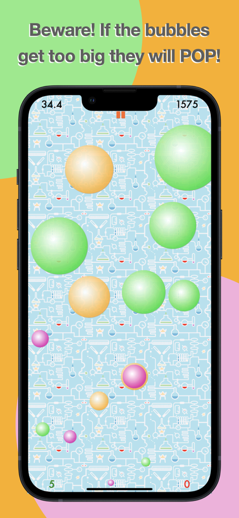 Fizz - Fizz app gameplay showing colorful bubbles on a chemical laboratory background with a pop warning text.