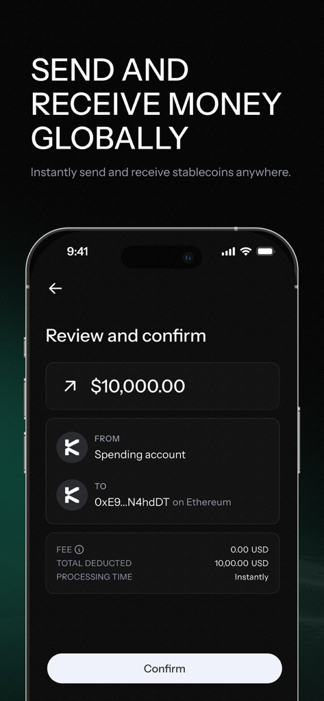 Interface do aplicativo móvel mostrando a tela de revisão de transações para enviar e receber stablecoins globalmente