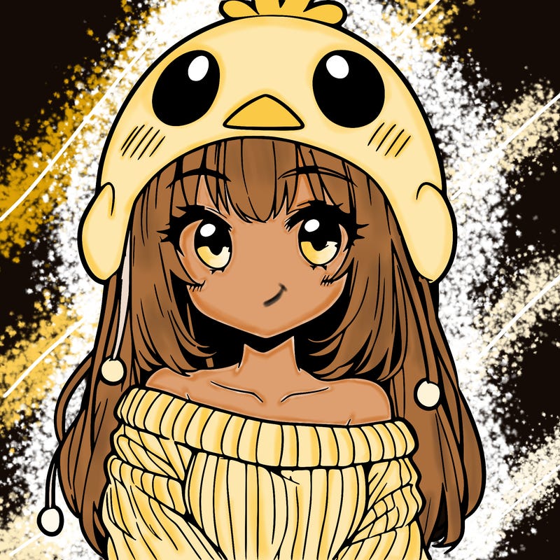 anime girl with chick shaped hat with sweater with bare shoulders with bangs covering them one eye with low tail