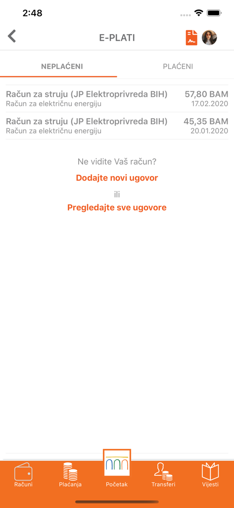 m-Intesa mobile banking app screen showing unpaid utility bills in the e-Plati section