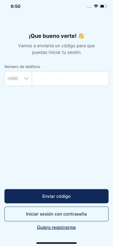 Ahorra Fácil - Login screen of the Ahorra Facil app where users can enter their phone number to receive a verification code or sign in with a password.