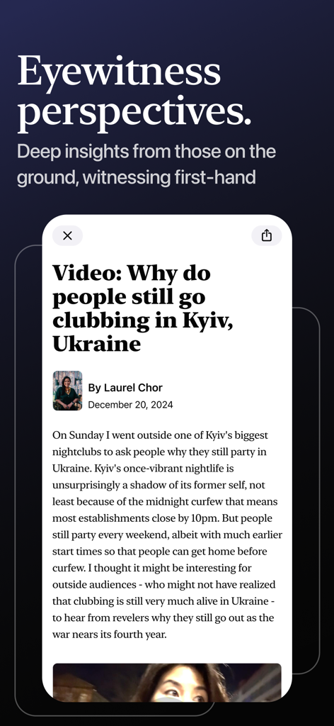 Une capture d'écran de l'application Noosphere affichant un article de perspective de témoin oculaire sur Kyiv par la journaliste Laurel Chor.